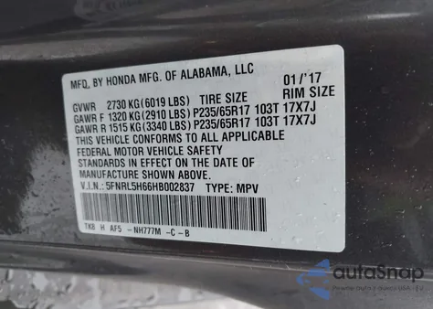 2017 Honda Odyssey Ex-L from USA, damaged, VIN 5FNRL5H66HB002837